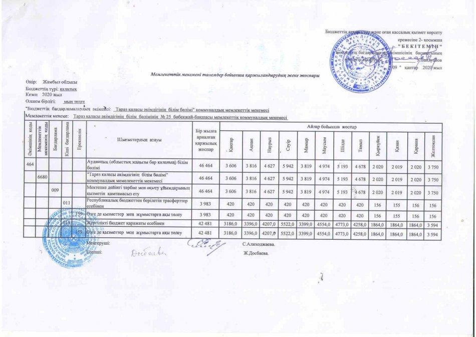 Төлемдер бойынша қаржыландырудың жеке жоспары 2020