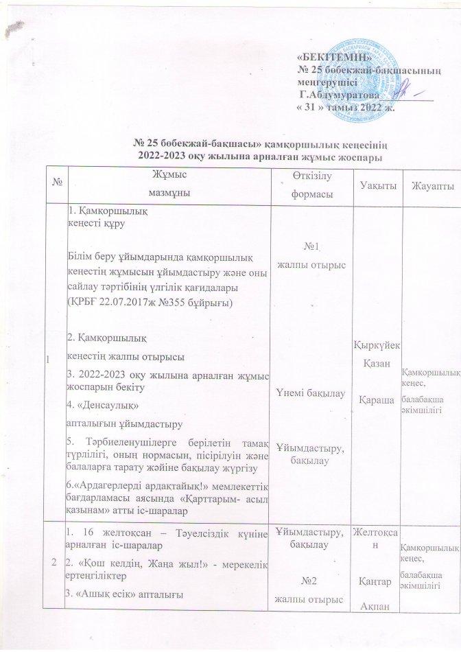 қамқоршылық кеңесінің жұмыс жоспары